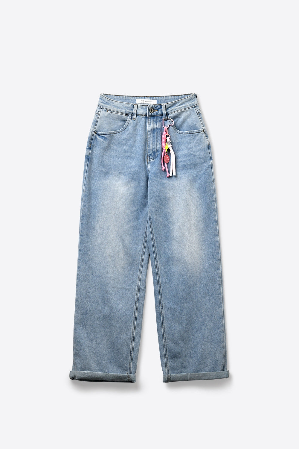 UNIKCOSA Light Blue Wide-Leg Denim Jeans mom style with Charm Detail