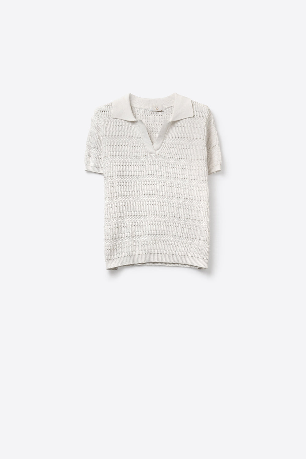 White polo shirt with short sleeves and open knit pattern