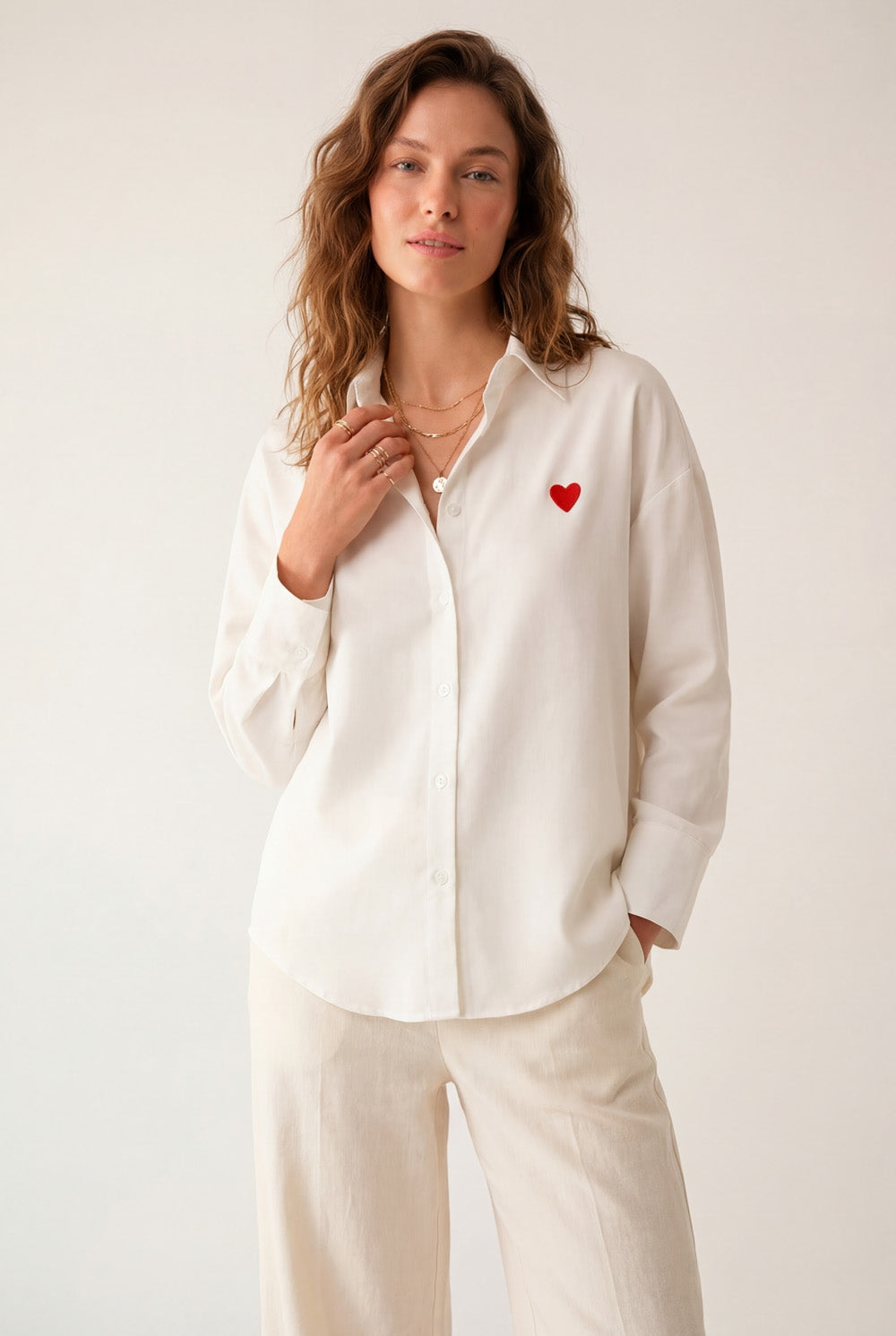 white Oxford Cotton Shirt with Embroidered red Heart Detail