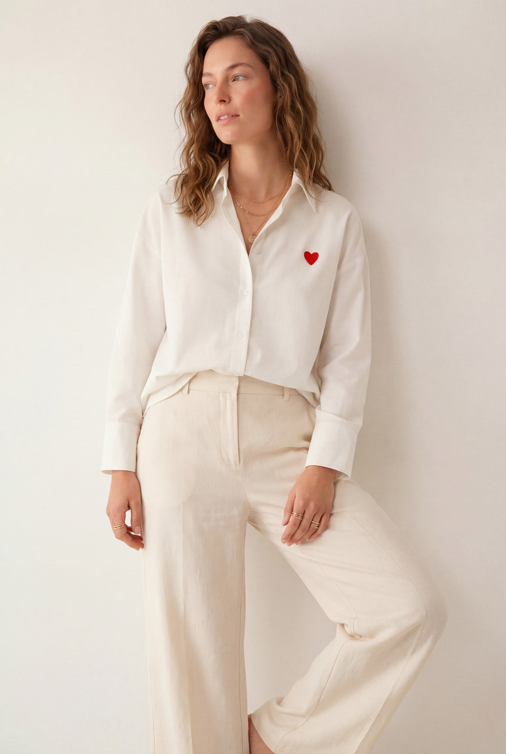 white Oxford Cotton Shirt with Embroidered red Heart Detail