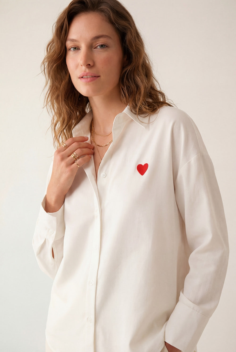white Oxford Cotton Shirt with Embroidered red Heart Detail