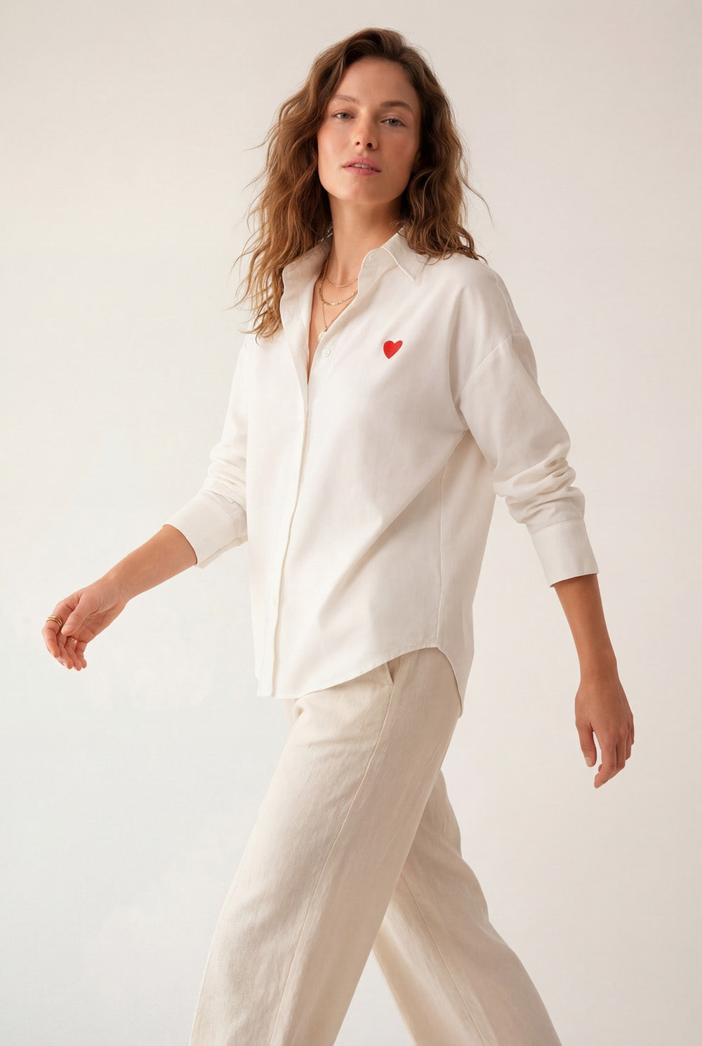 white Oxford Cotton Shirt with Embroidered red Heart Detail