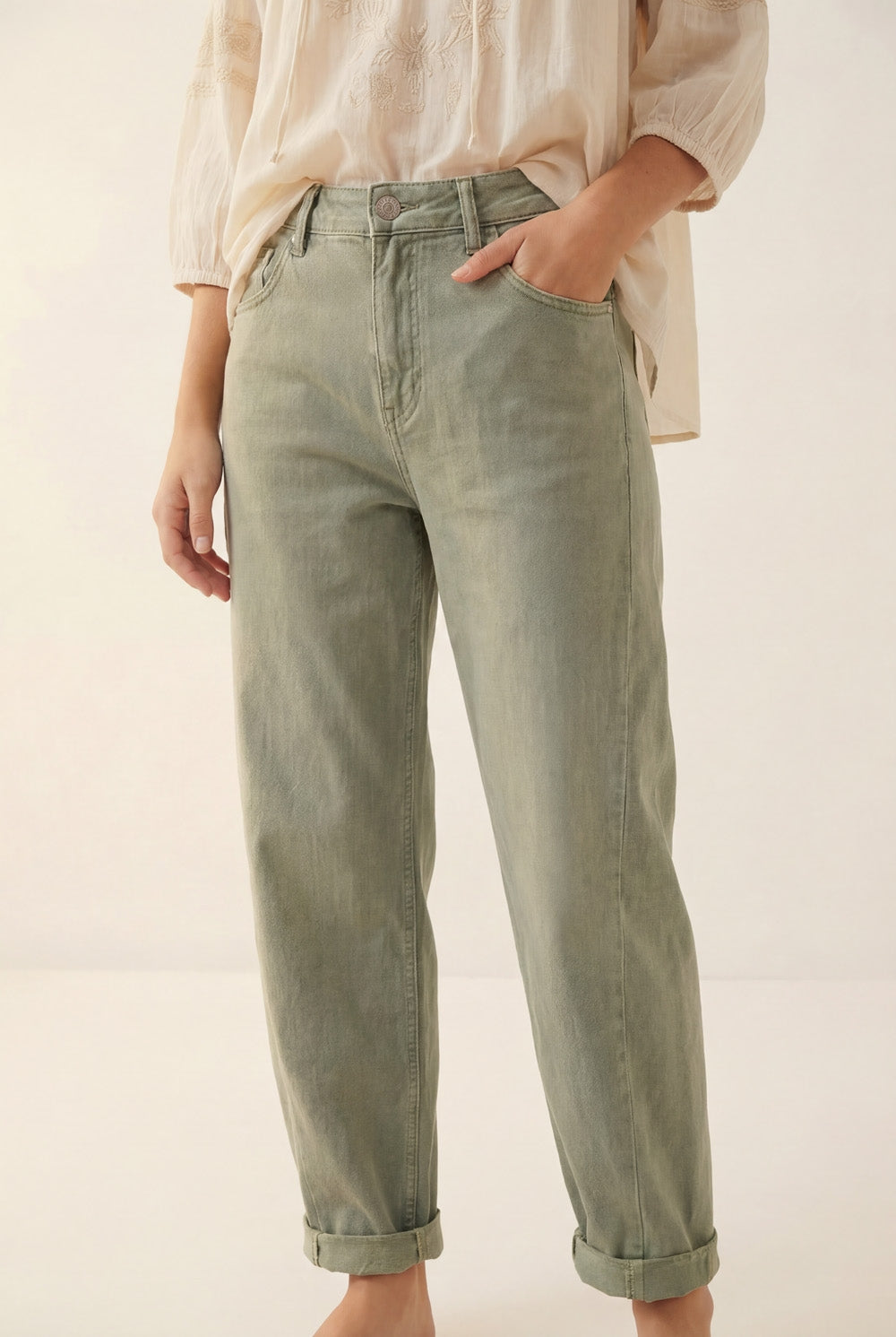 High-Rise Barrel-Leg Pants in Soft khaki color