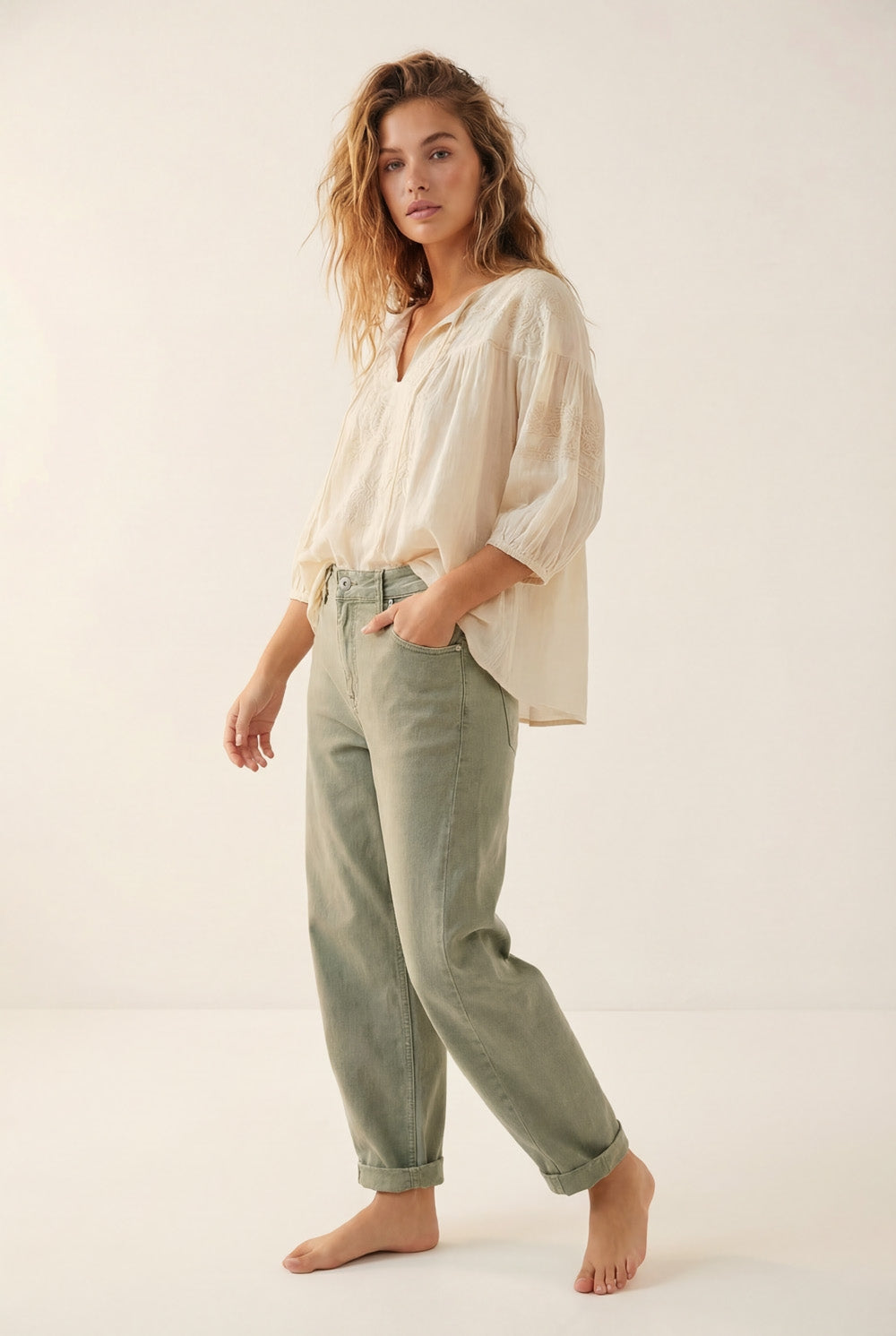 High-Rise Barrel-Leg Pants in Soft khaki color