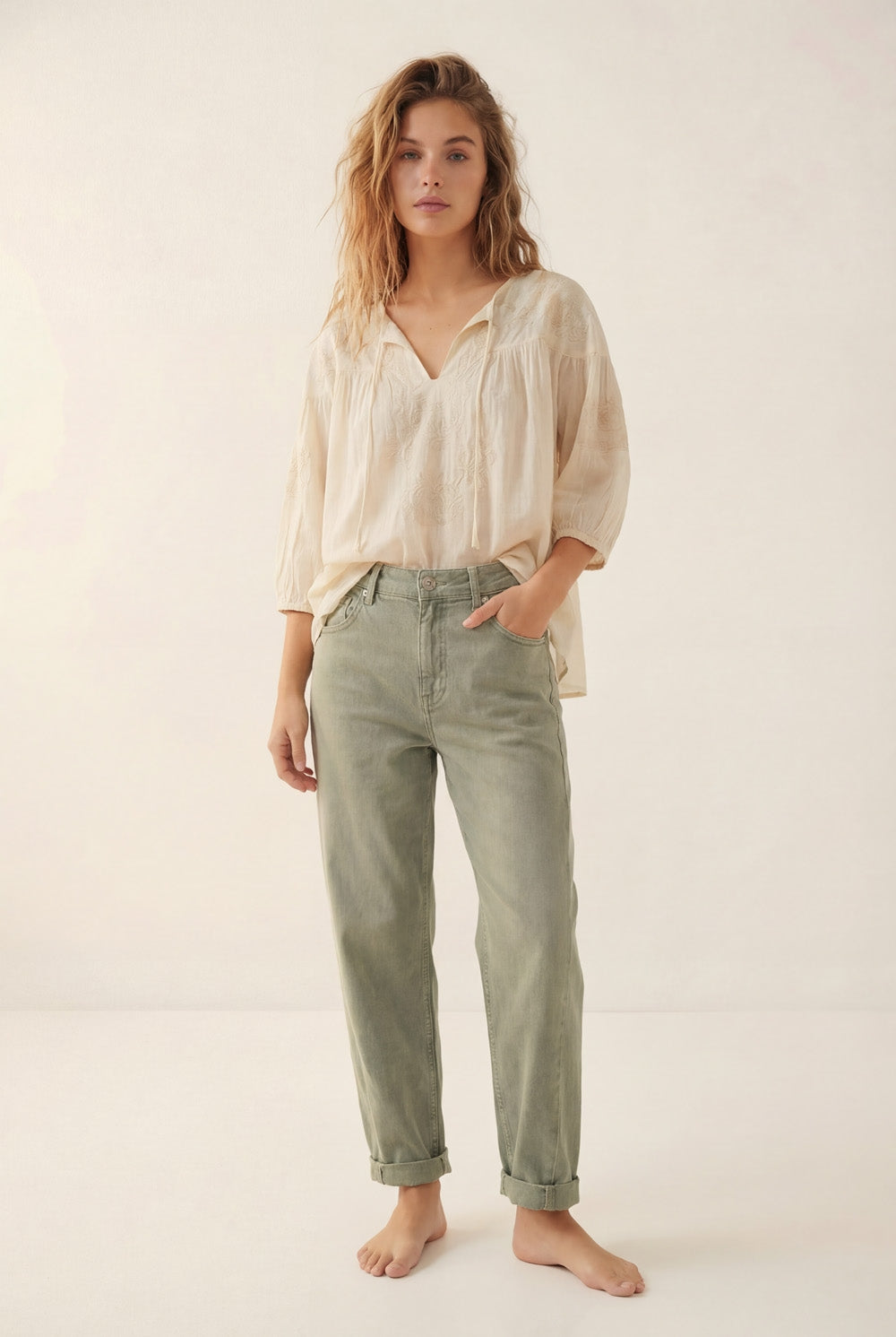 High-Rise Barrel-Leg Pants in Soft khaki color