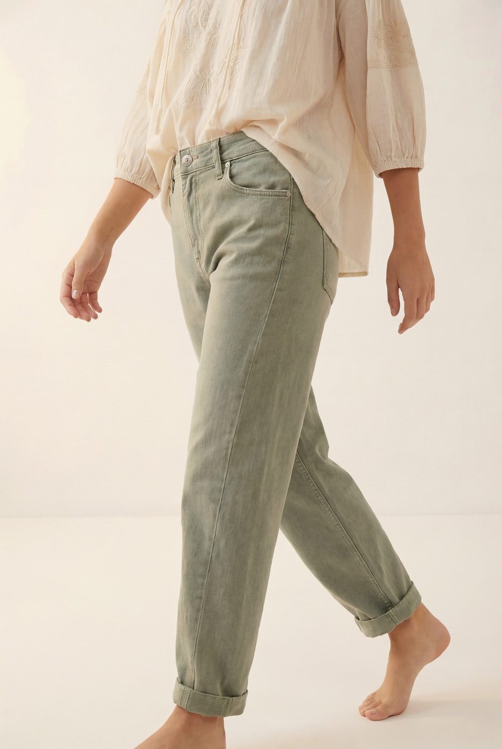High-Rise Barrel-Leg Pants in Soft khaki color