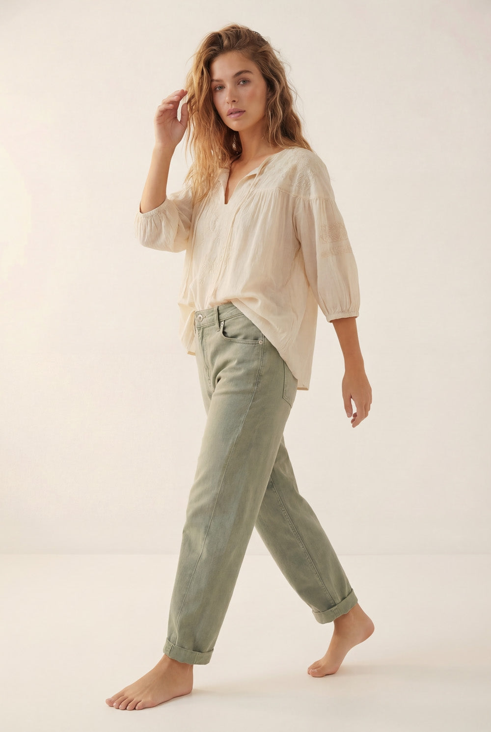 High-Rise Barrel-Leg Pants in Soft khaki color