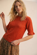Orange Soft fluffy Knit sweater with Ruffled Sleeve Detail