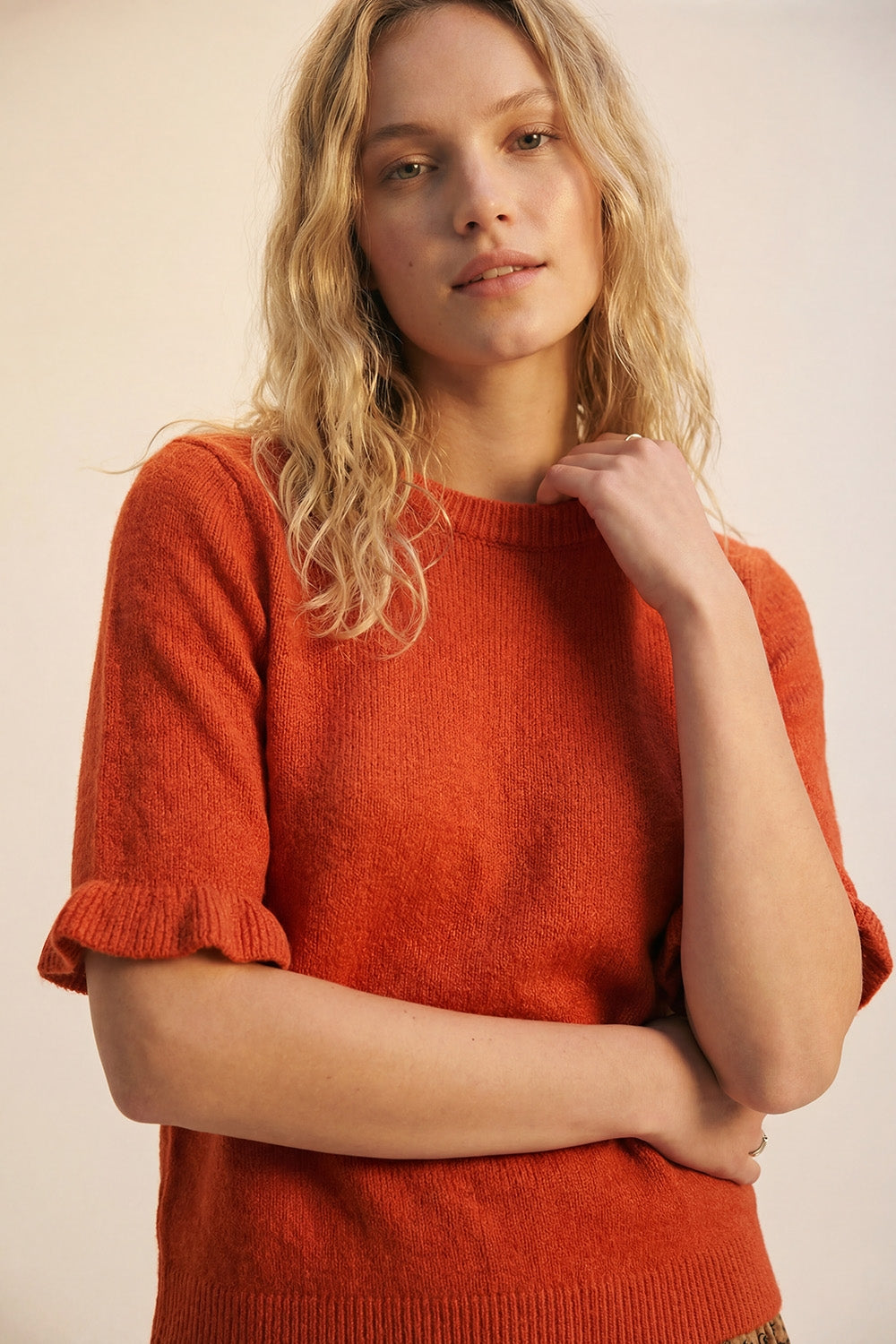 Orange Soft fluffy Knit sweater with Ruffled Sleeve Detail