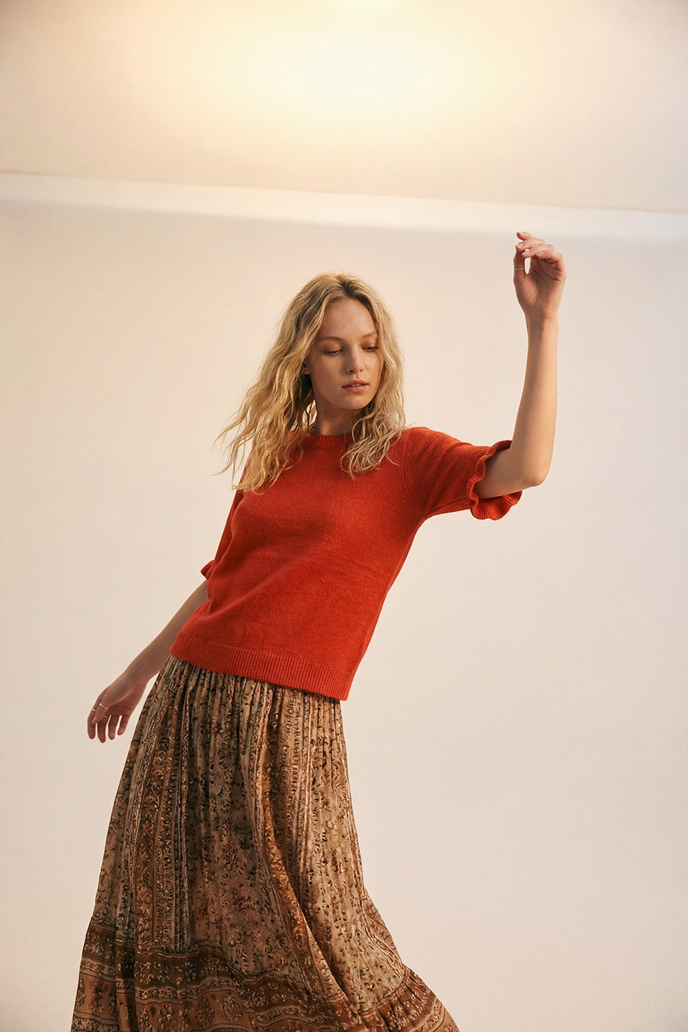 Orange Soft fluffy Knit sweater with Ruffled Sleeve Detail