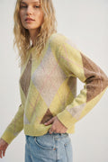 yellow and camel Argyle Sweater in Soft Fluffy Knit