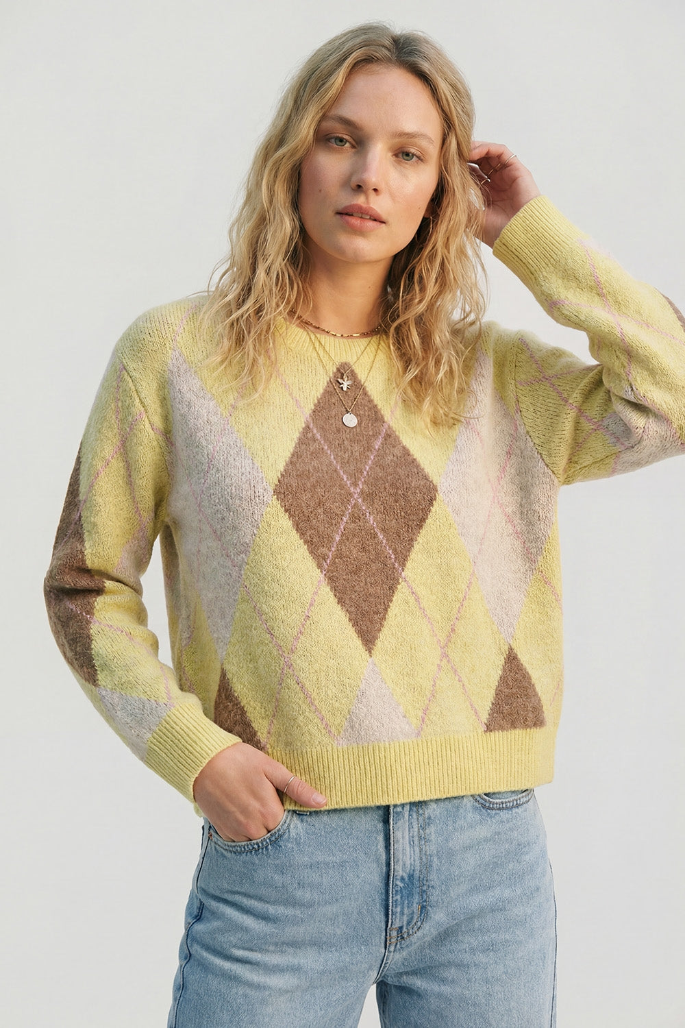 yellow and camel Argyle Sweater in Soft Fluffy Knit