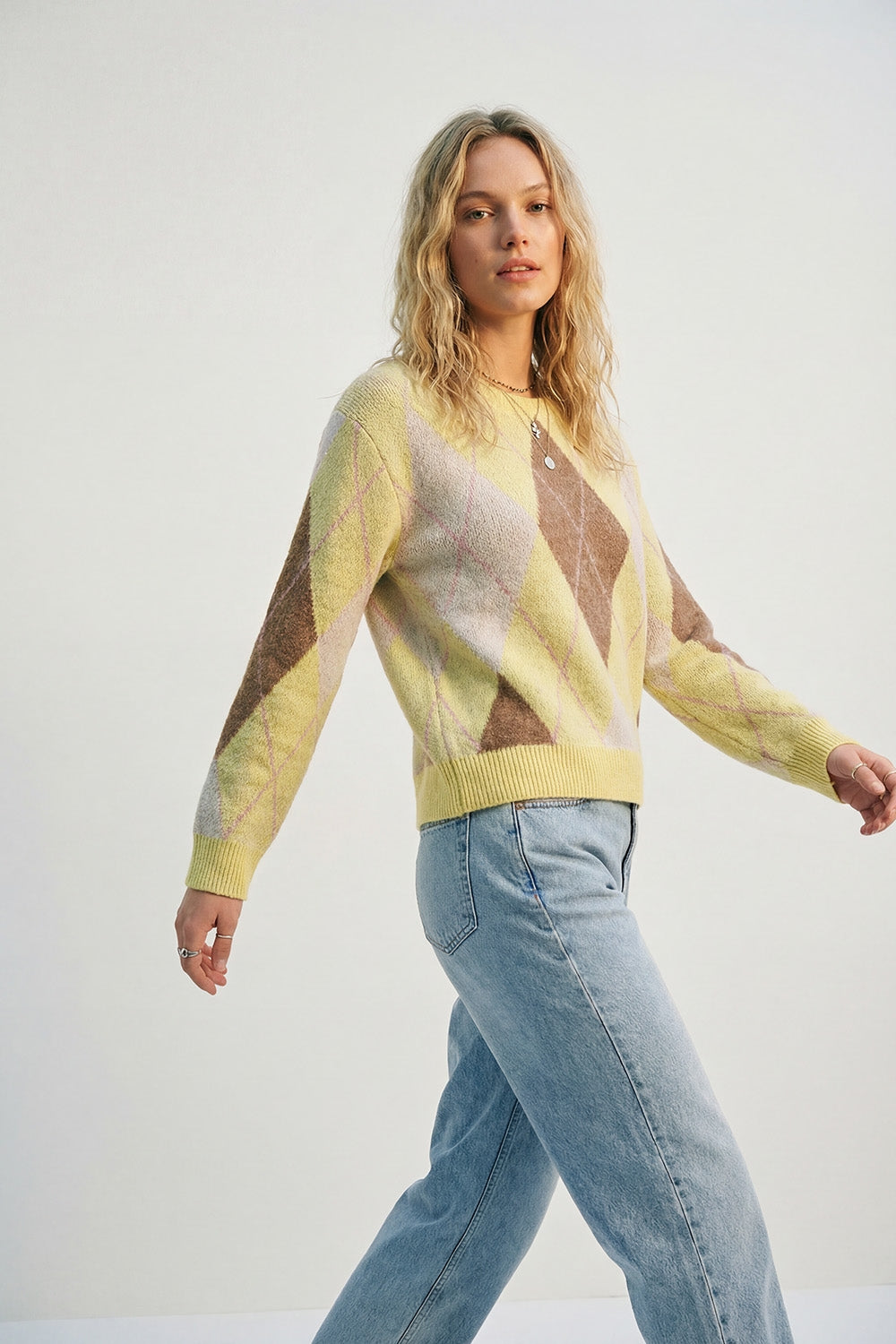 yellow and camel Argyle Sweater in Soft Fluffy Knit