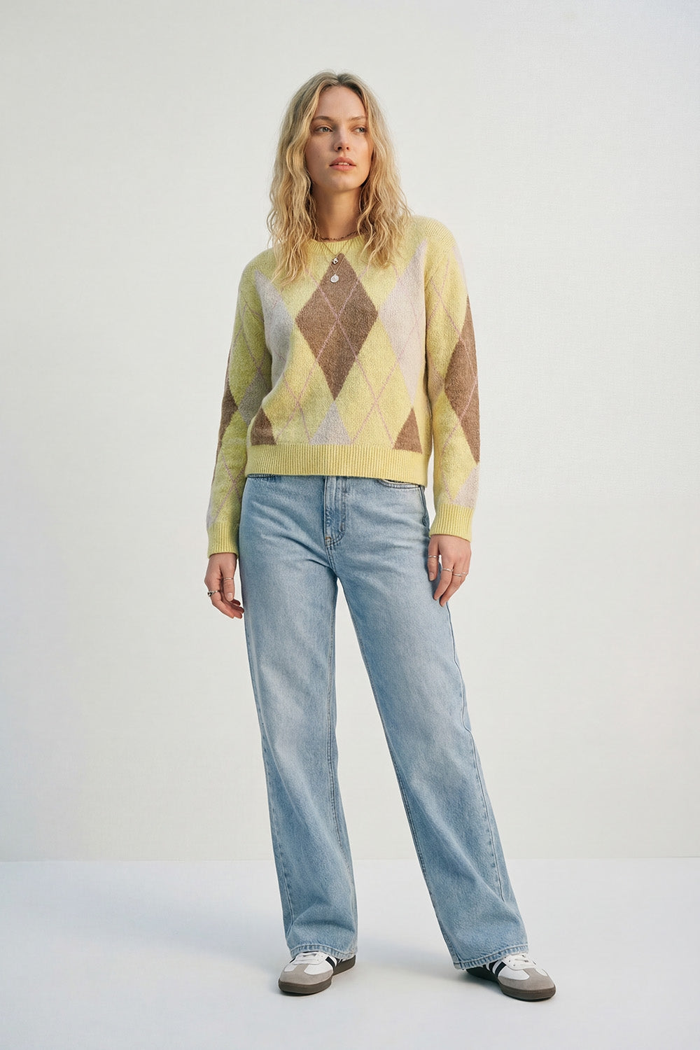 yellow and camel Argyle Sweater in Soft Fluffy Knit