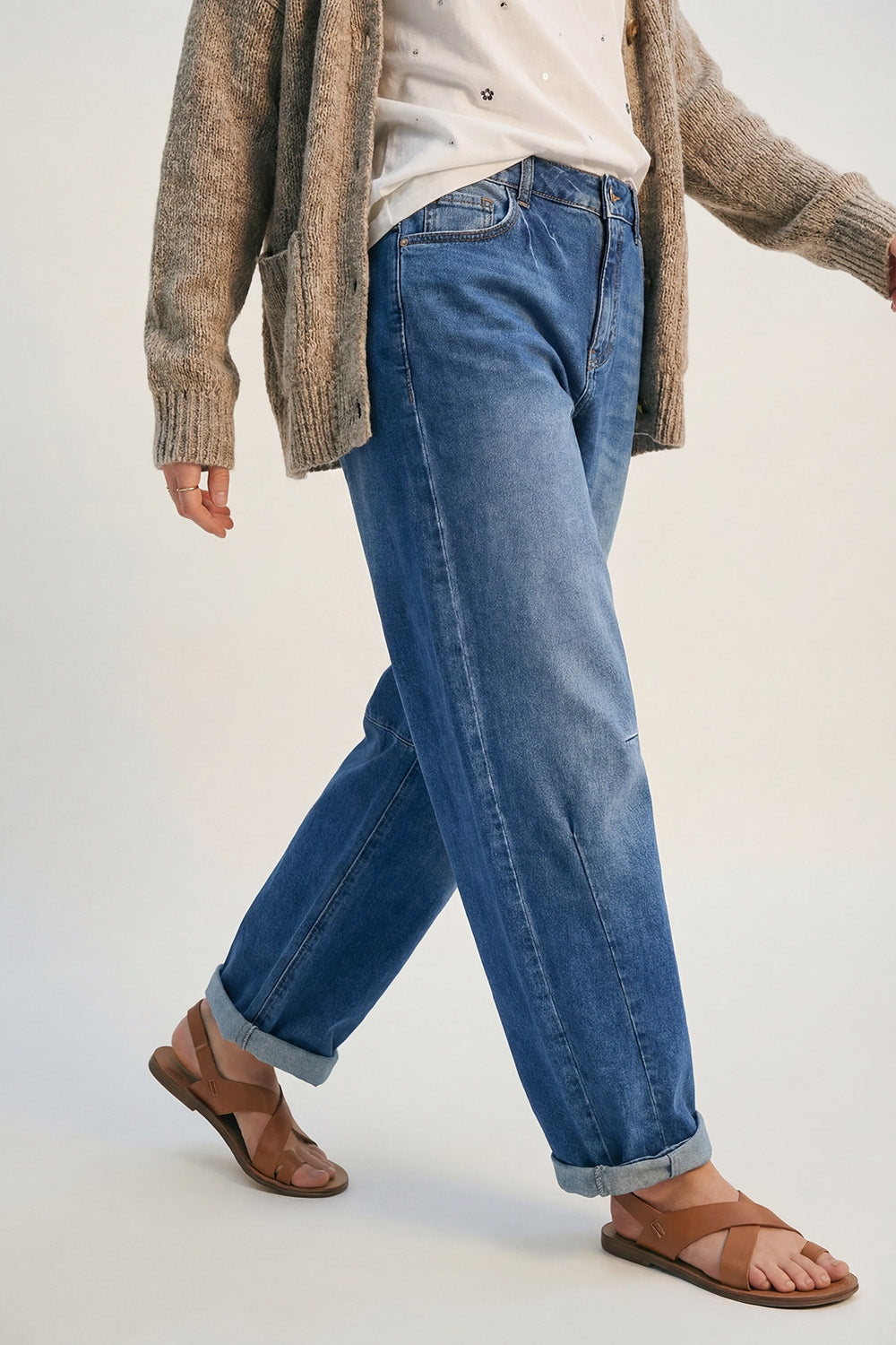 medium wash Barrel jeans with knee seam detail