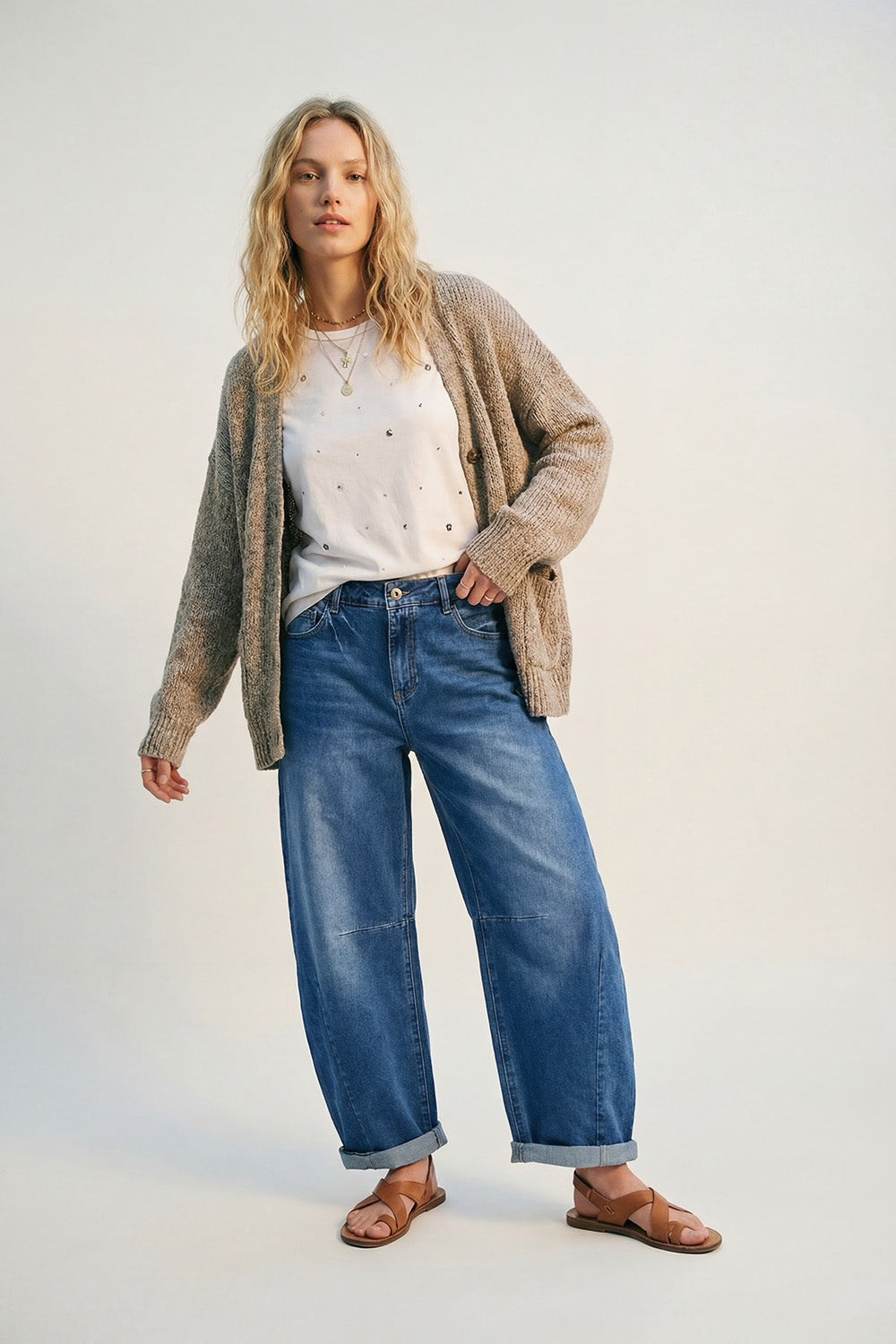 medium wash Barrel jeans with knee seam detail