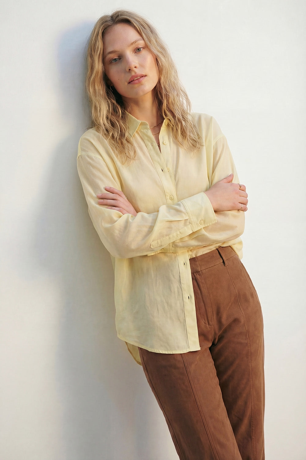 Yellow shiny satin shirt Button-Down Shirt with Relaxed Fit