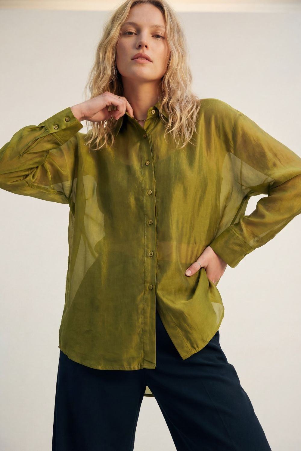 shiny satin Shirt with Relaxed Fit in olive color