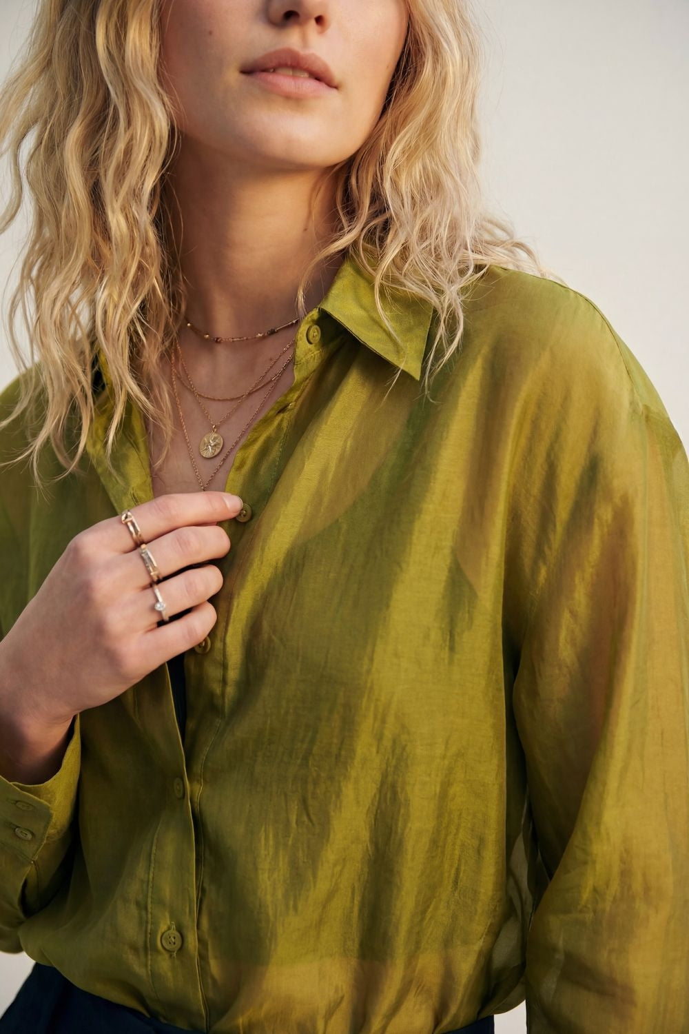 shiny satin Shirt with Relaxed Fit in olive color