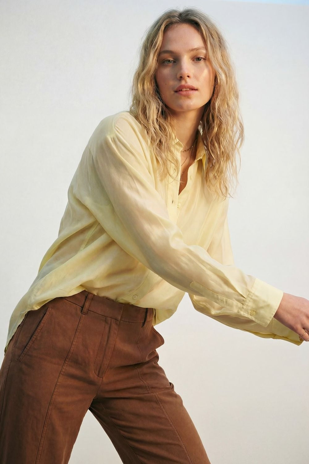 Yellow shiny satin shirt Button-Down Shirt with Relaxed Fit