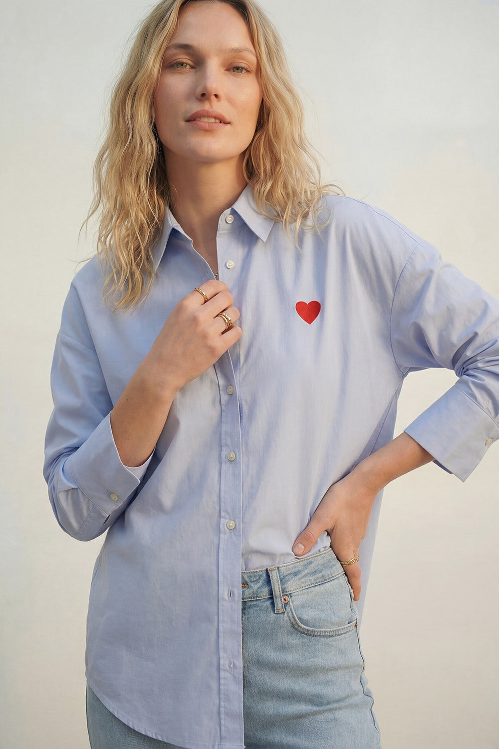blue Oxford Cotton Shirt with Embroidered red Heart Detail