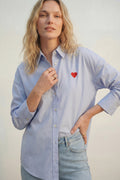 blue Oxford Cotton Shirt with Embroidered red Heart Detail