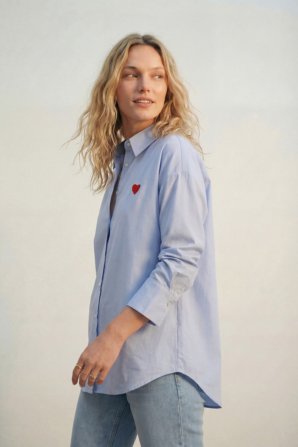 blue Oxford Cotton Shirt with Embroidered red Heart Detail