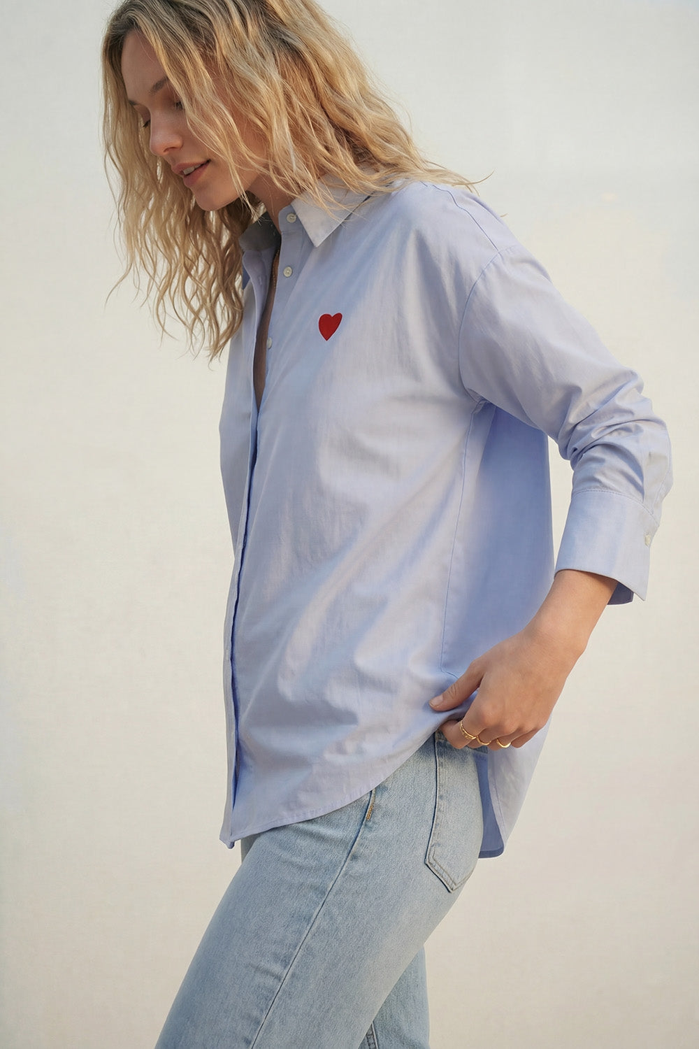 blue Oxford Cotton Shirt with Embroidered red Heart Detail