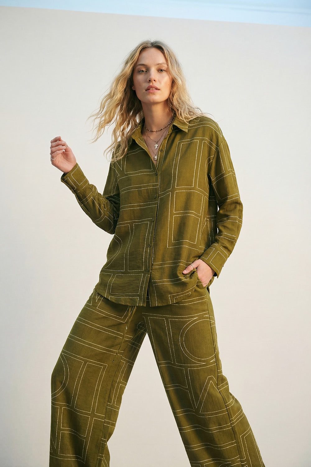 Olive Fine Fluid-Fabric Shirt with Graphic Print