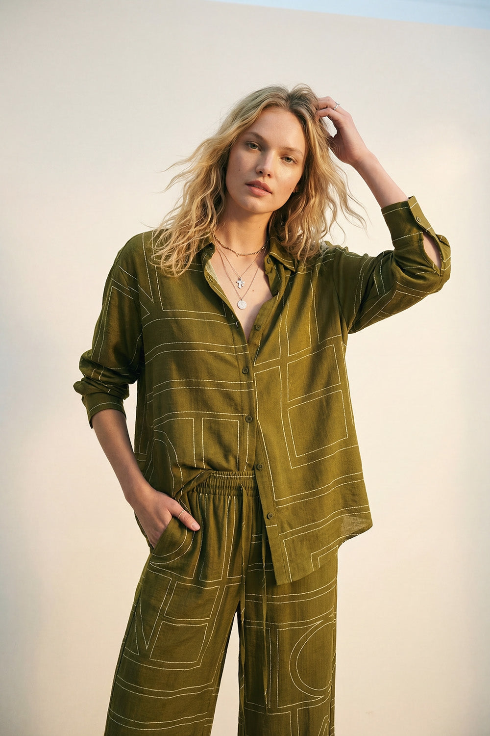 Olive Fine Fluid-Fabric Shirt with Graphic Print