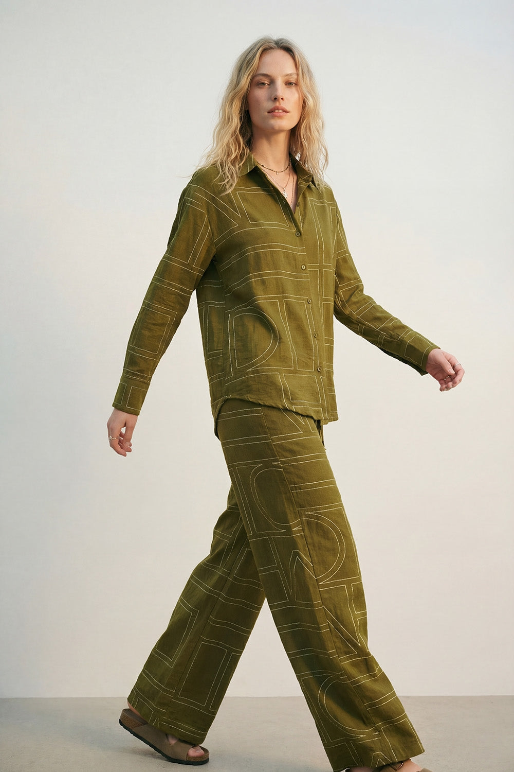 Olive Fine Fluid-Fabric Shirt with Graphic Print