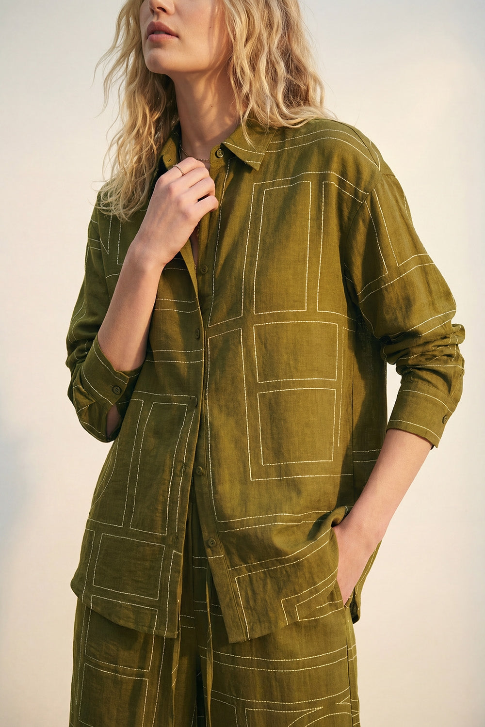 Olive Fine Fluid-Fabric Shirt with Graphic Print