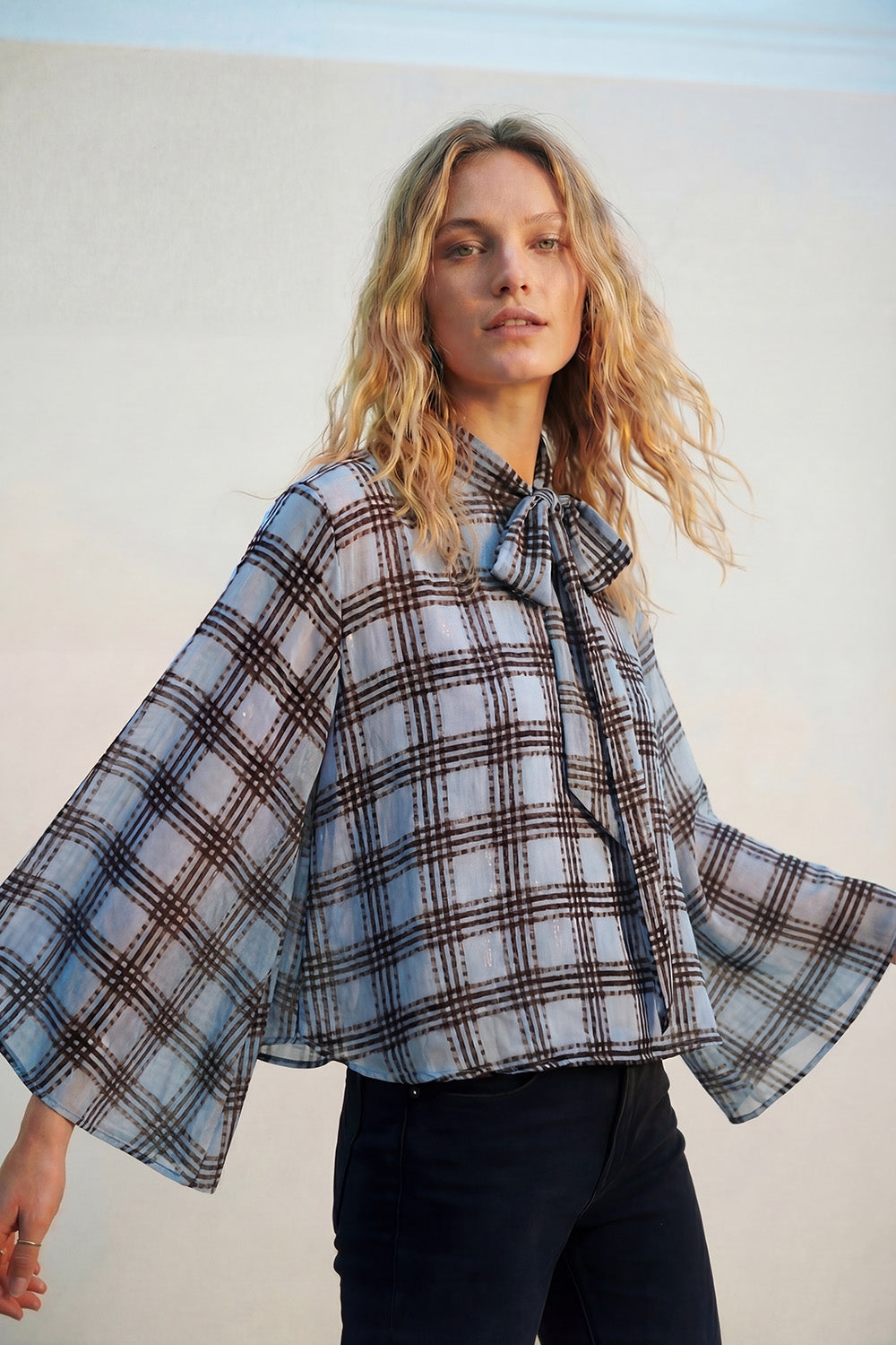blue Chiffon Blouse with Check Print with Wide Sleeves and Neck Tie