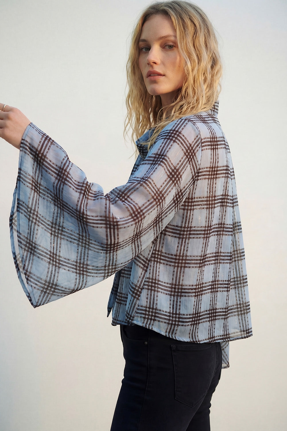 blue Chiffon Blouse with Check Print with Wide Sleeves and Neck Tie