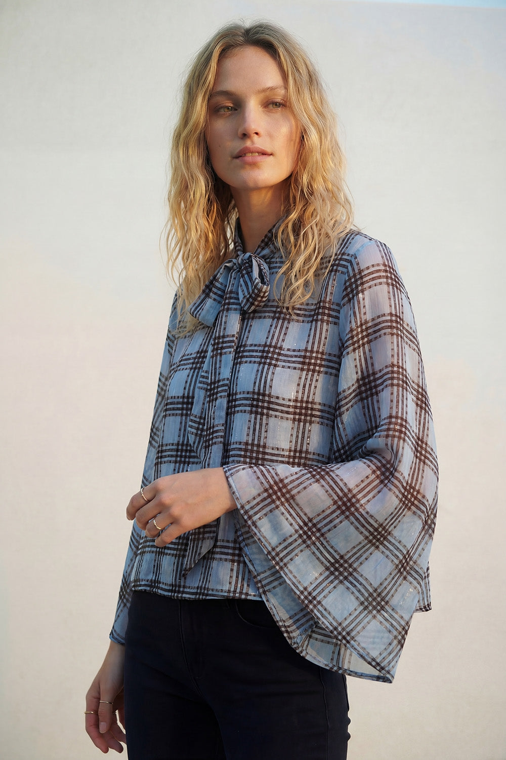 blue Chiffon Blouse with Check Print with Wide Sleeves and Neck Tie