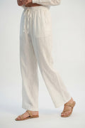 Cream Lightweight Crinkled Wide-Leg Pants with Elastic Waist