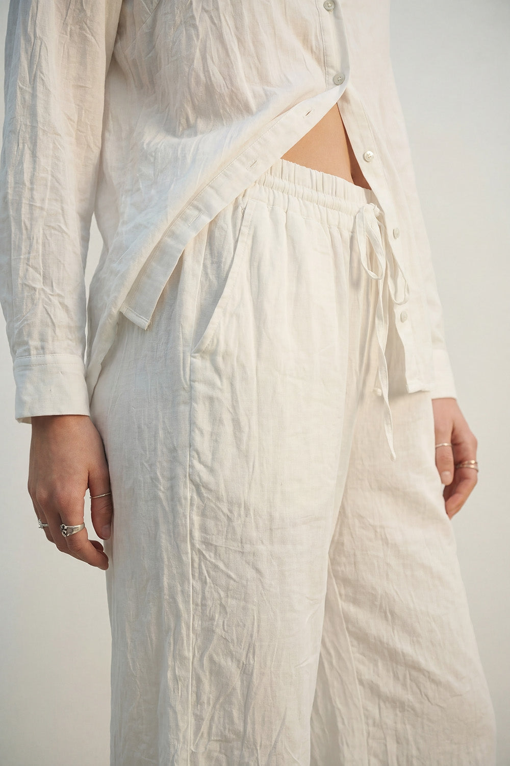 Cream Lightweight Crinkled Wide-Leg Pants with Elastic Waist