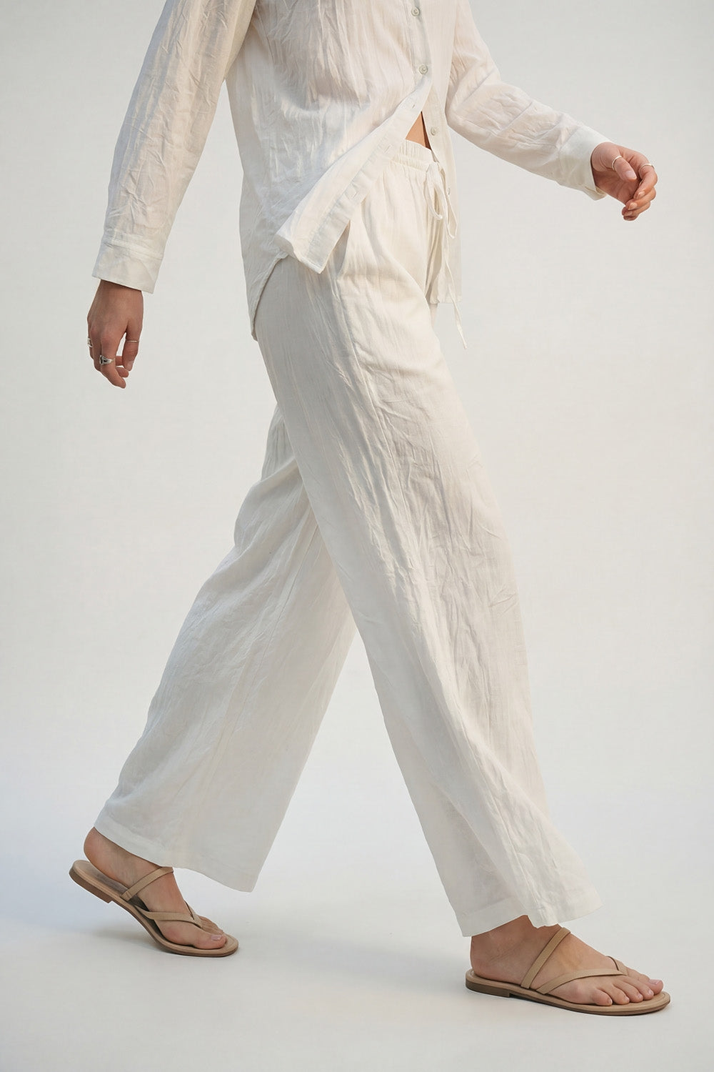 Cream Lightweight Crinkled Wide-Leg Pants with Elastic Waist
