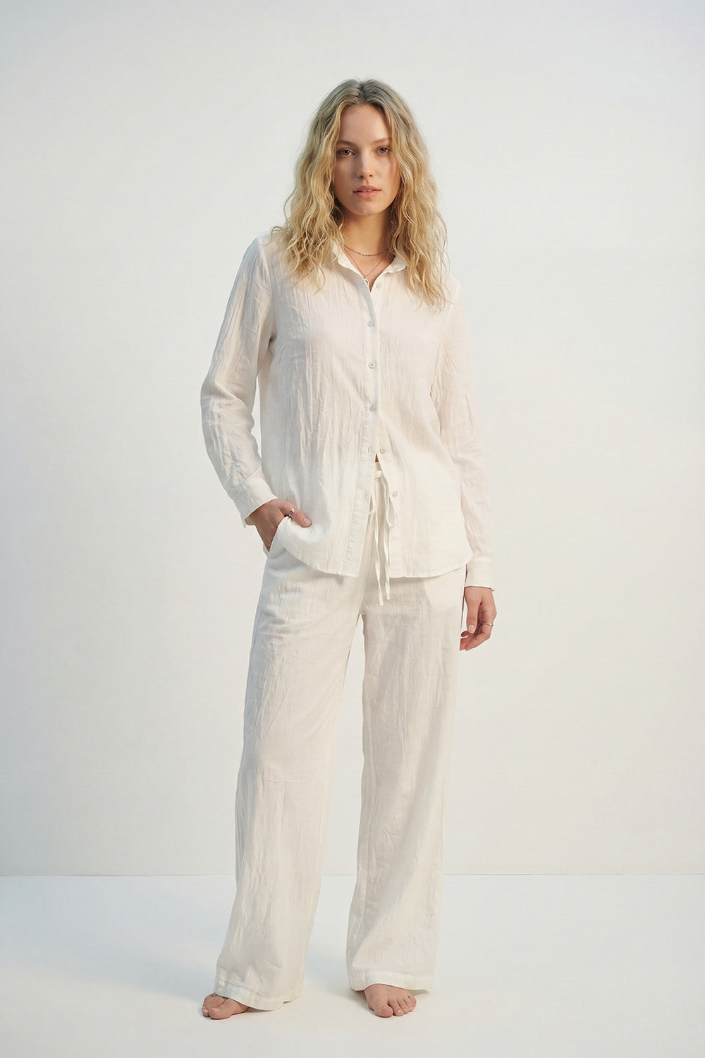Cream Lightweight Crinkled Wide-Leg Pants with Elastic Waist