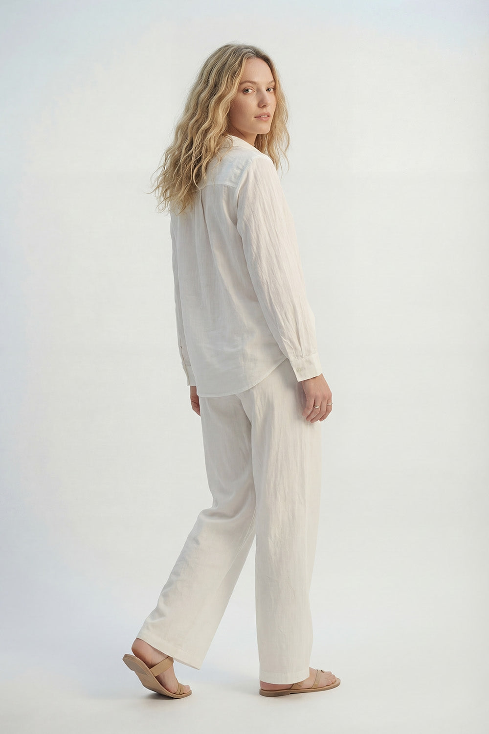 Cream Lightweight Crinkled Wide-Leg Pants with Elastic Waist