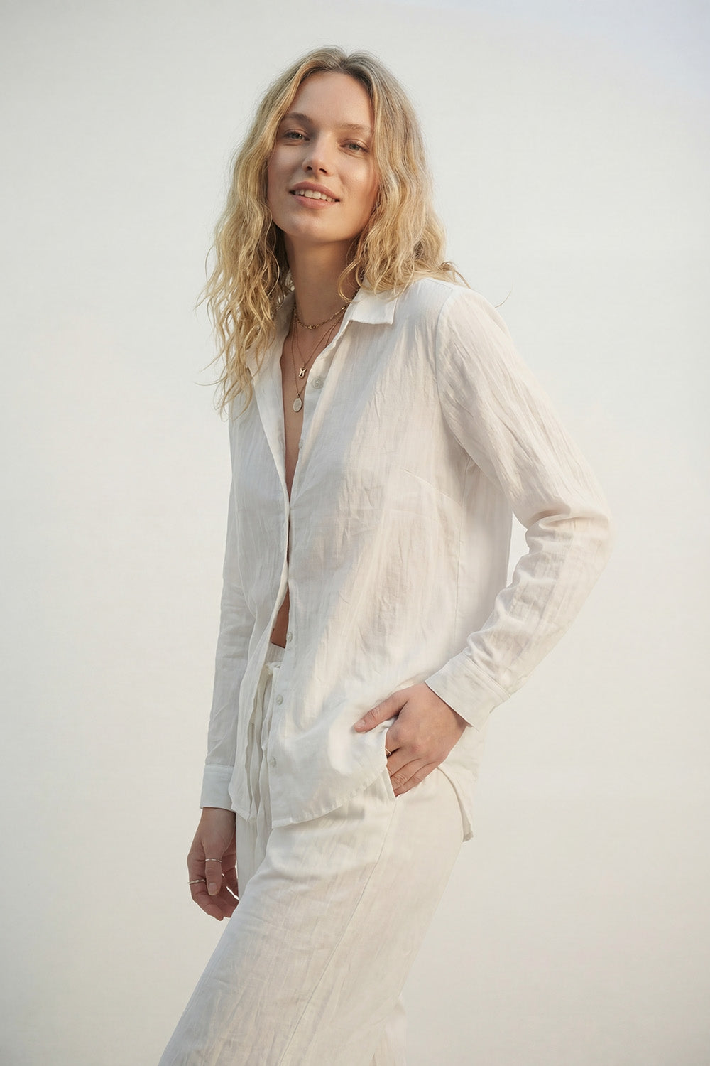 Lightweight Crinkled Shirt with Relaxed Silhouette in cream
