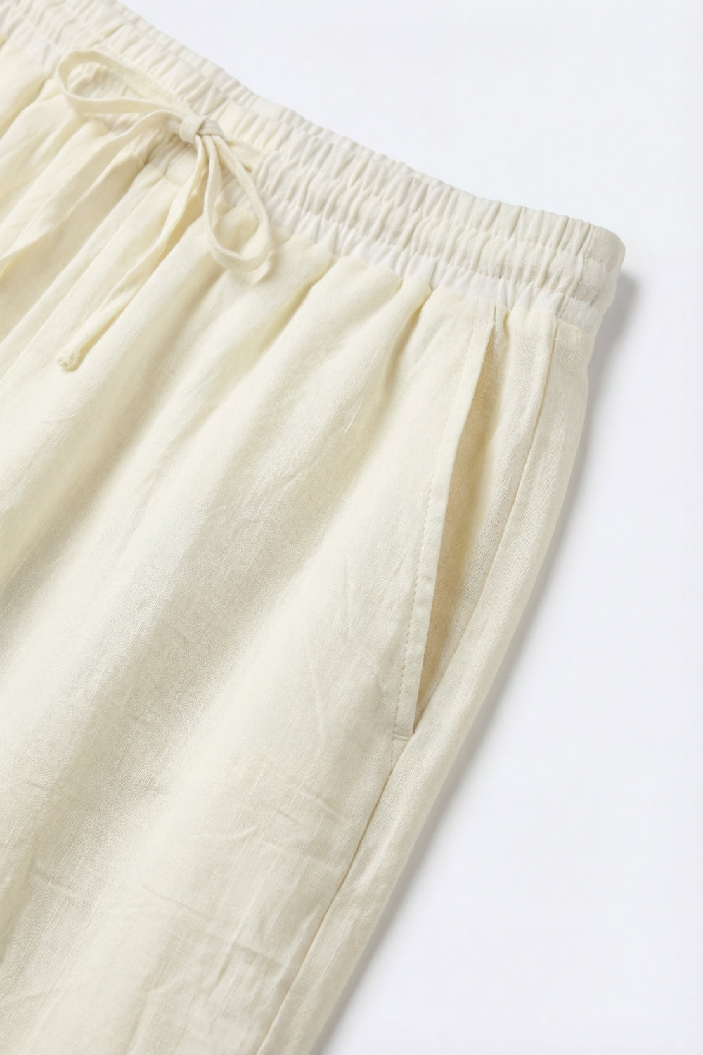 Cream Lightweight Crinkled Wide-Leg Pants with Elastic Waist