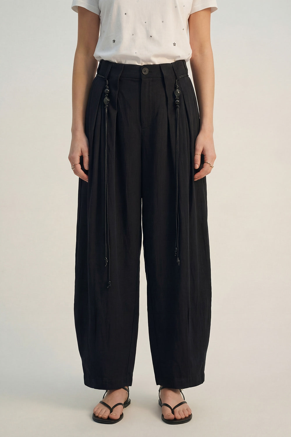 Lightweight Rayon Barrel-Fit Pants in black color