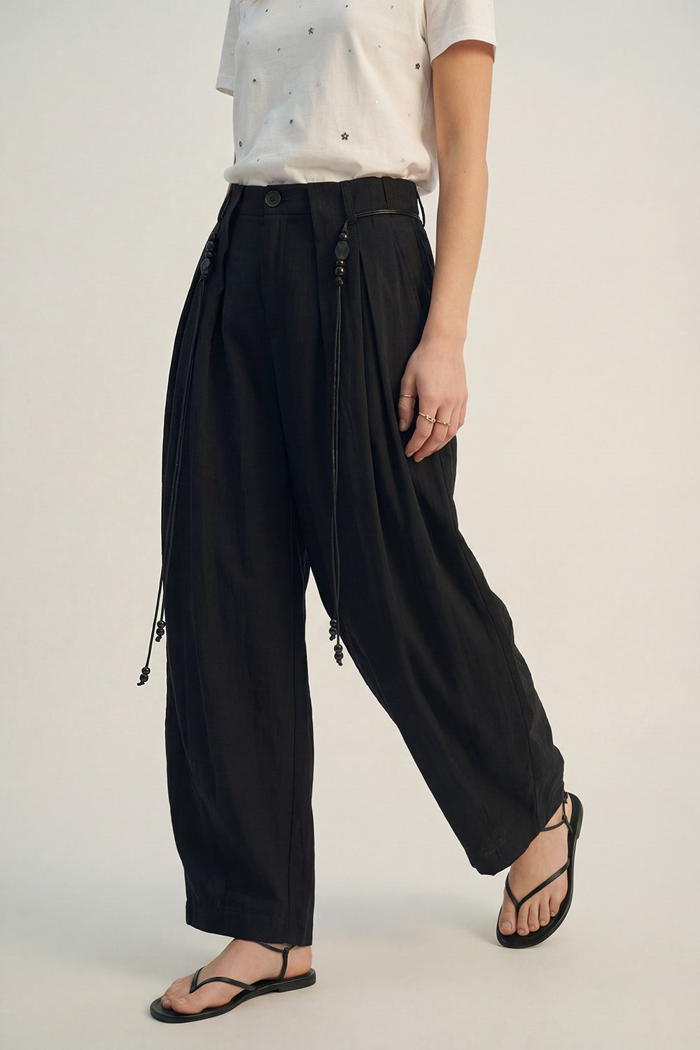 Lightweight Rayon Barrel-Fit Pants in black color