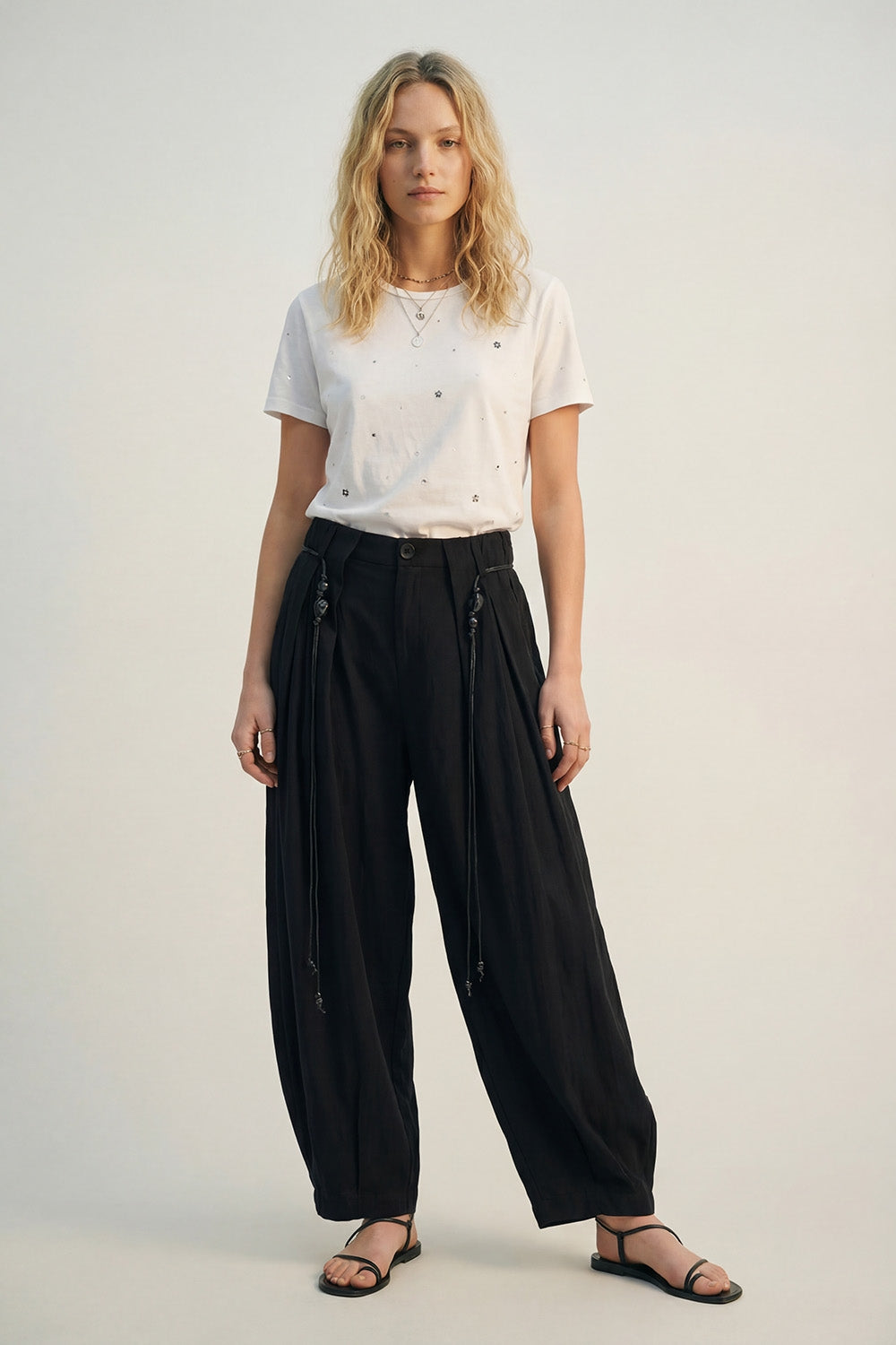 Lightweight Rayon Barrel-Fit Pants in black color