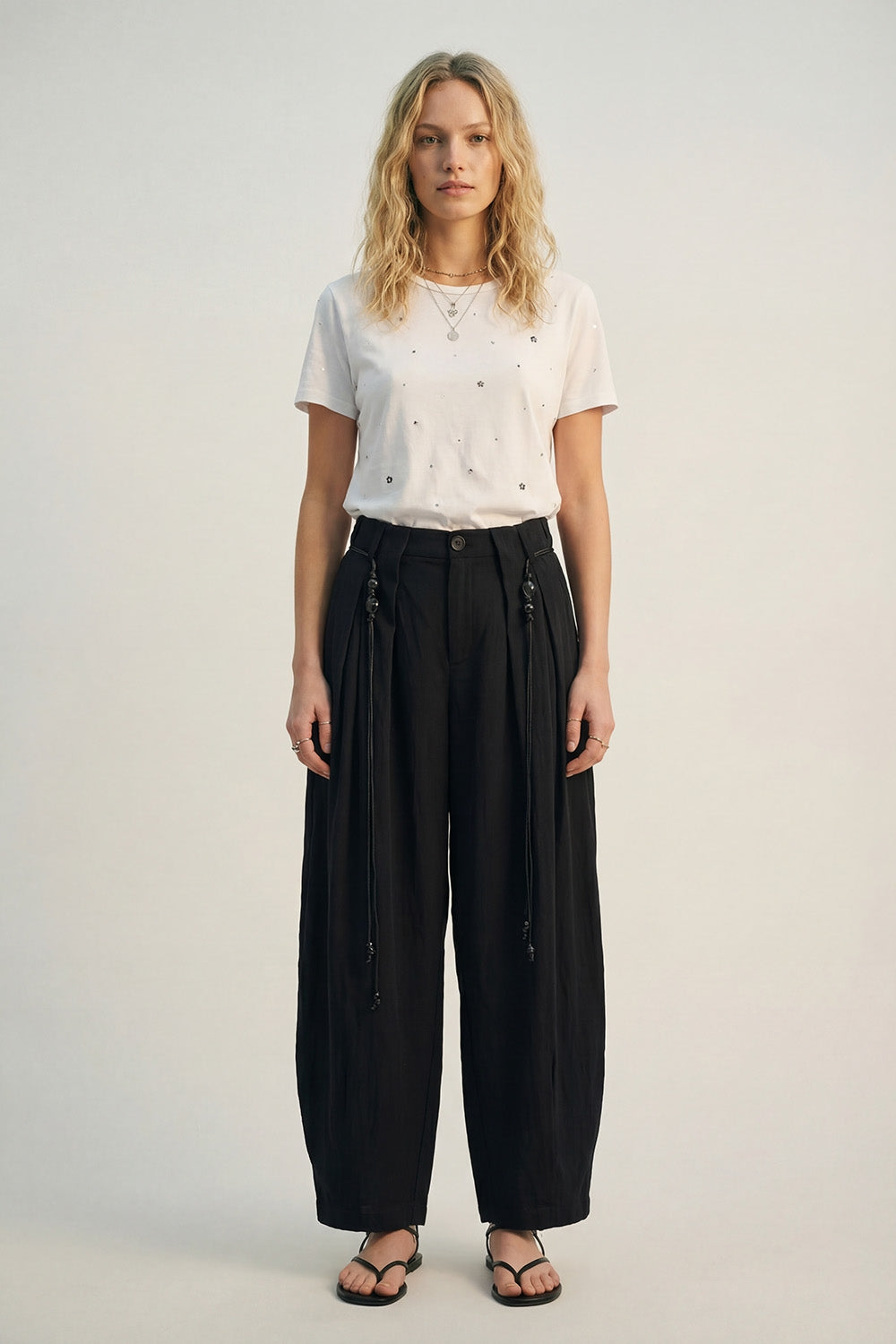 Lightweight Rayon Barrel-Fit Pants in black color