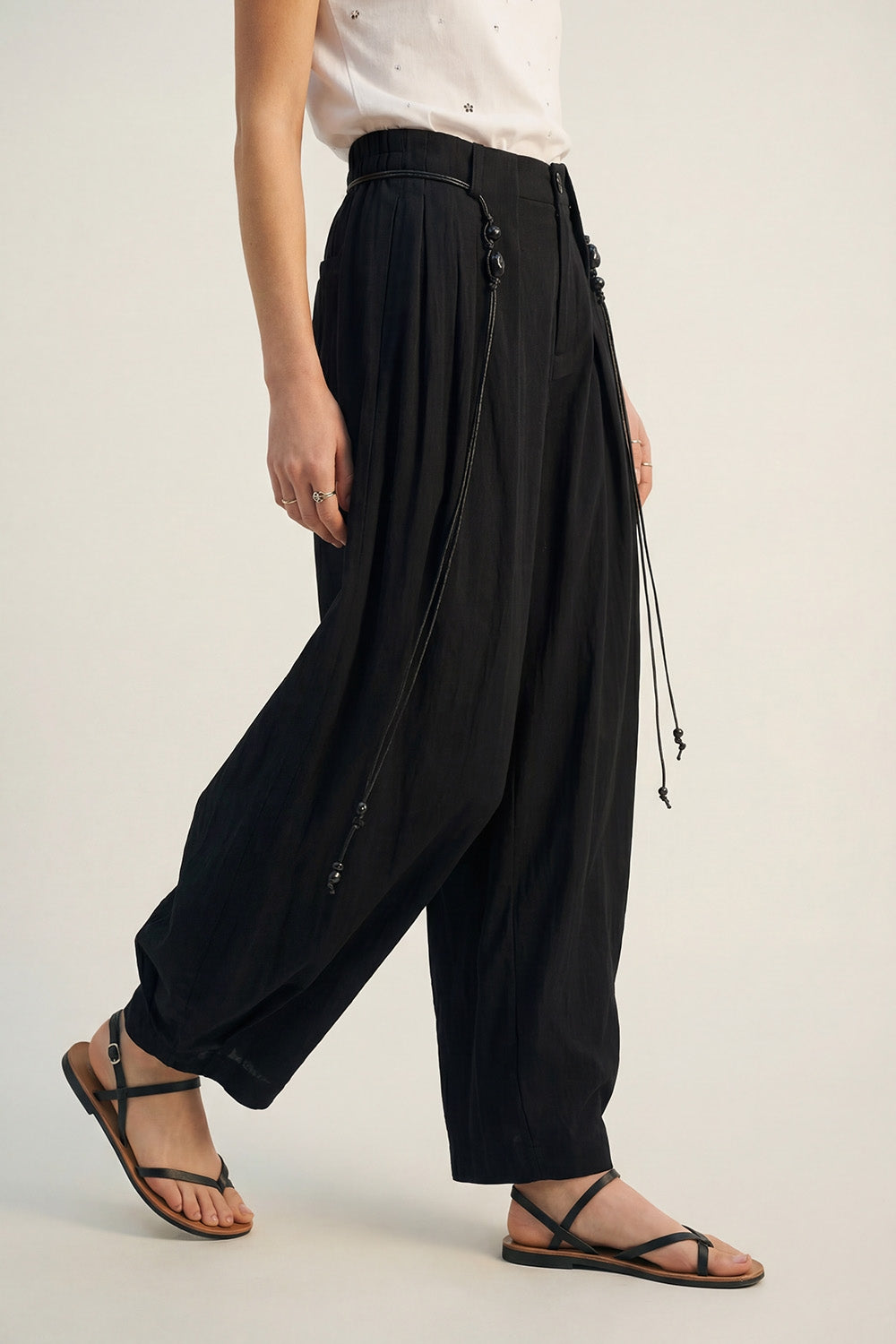 Lightweight Rayon Barrel-Fit Pants in black color