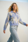Fluffy Argyle Knit Sweater in blue with Polo Collar