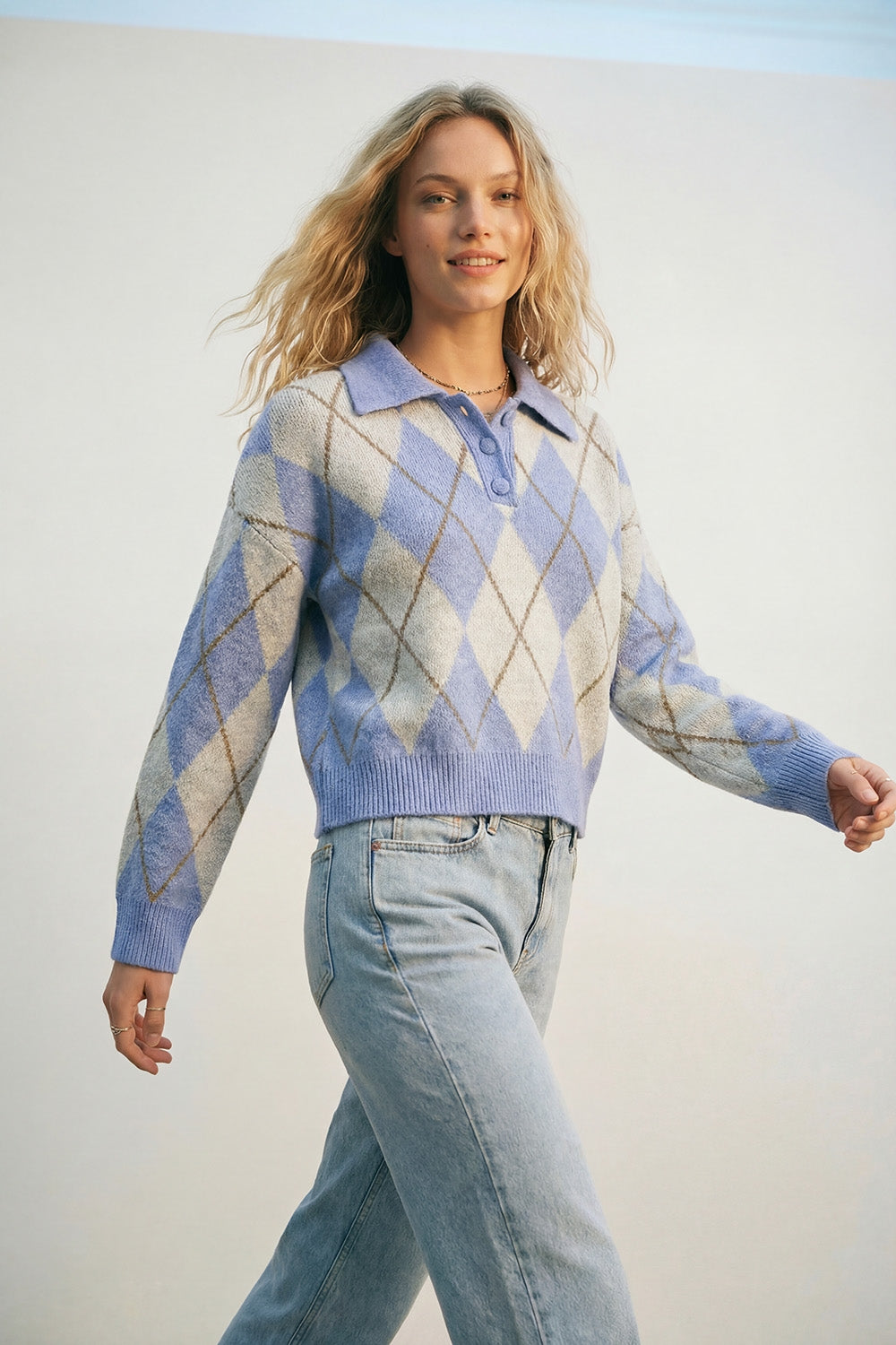 Fluffy Argyle Knit Sweater in blue with Polo Collar