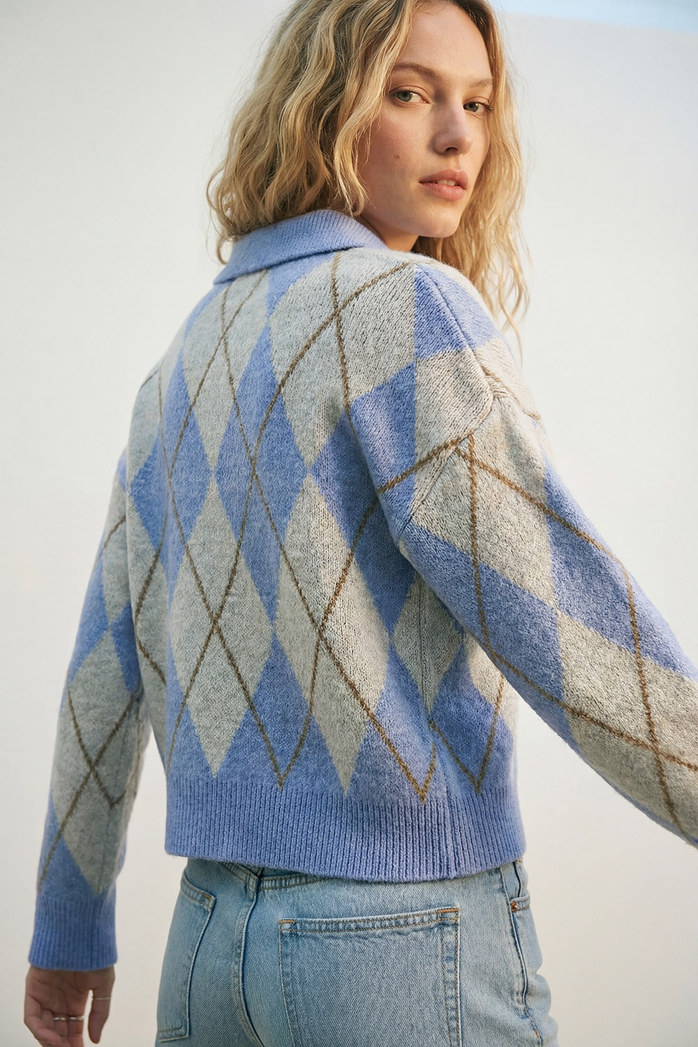 Fluffy Argyle Knit Sweater in blue with Polo Collar